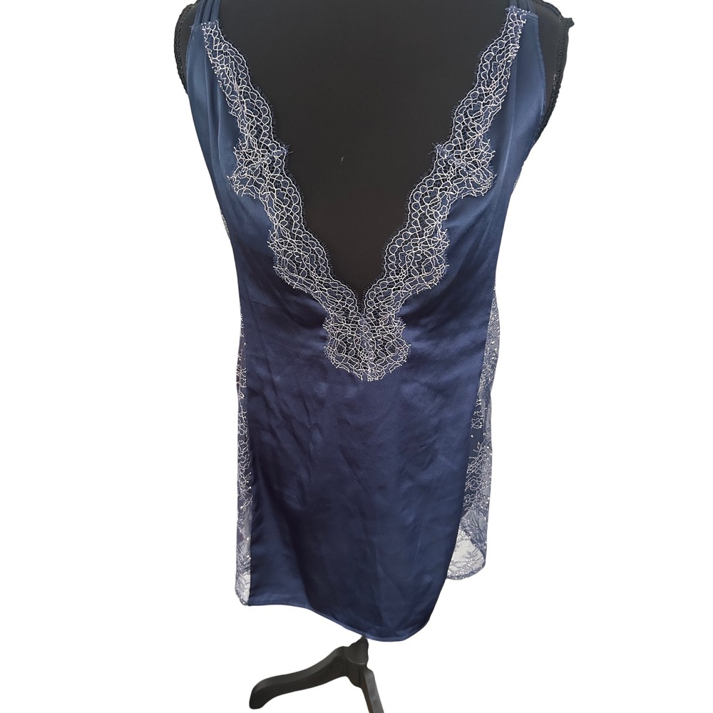 Victorias Secret Navy Blue Satin Lace Trim Slip Dress Chemise Small S/P